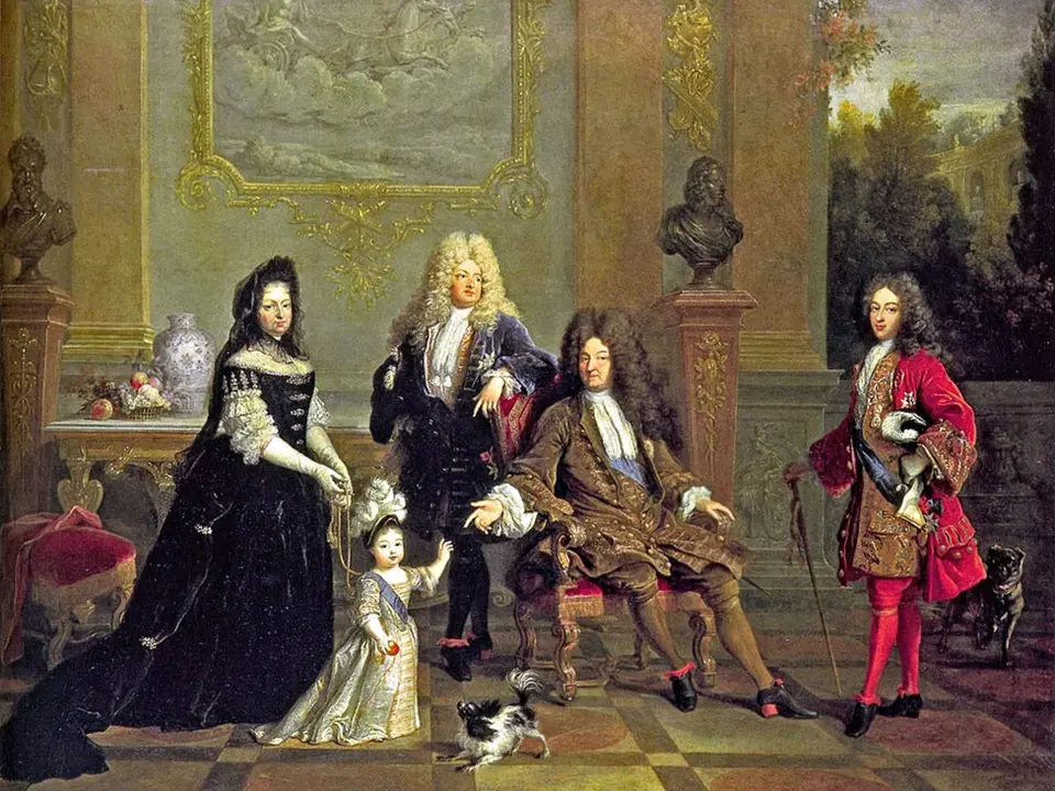Francouzský král Ludvík XIV. se svými dědici