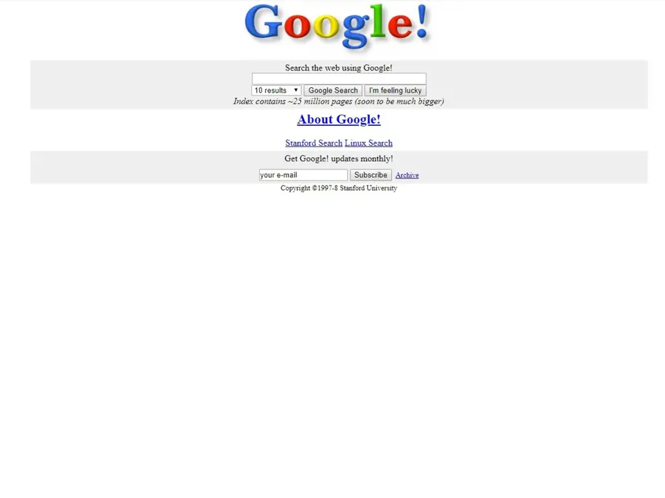 Podoba první verze Googlu z roku 1998.