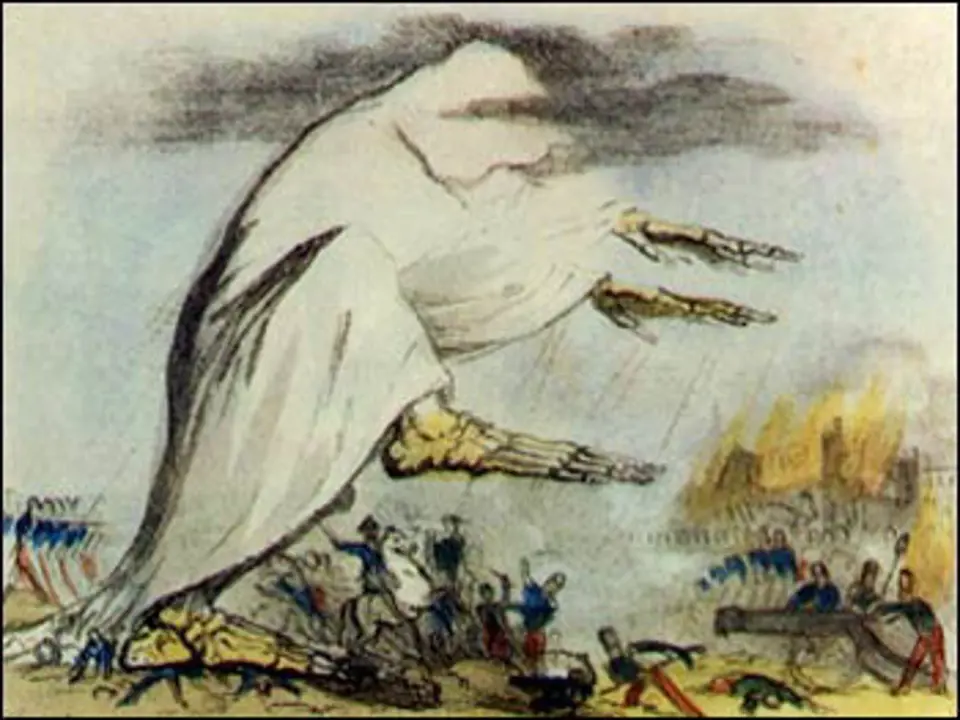 Reprezentace Roberta Seymoura z 19. století zobrazuje šíření nemoci ve formě jedovatého vzduchu.