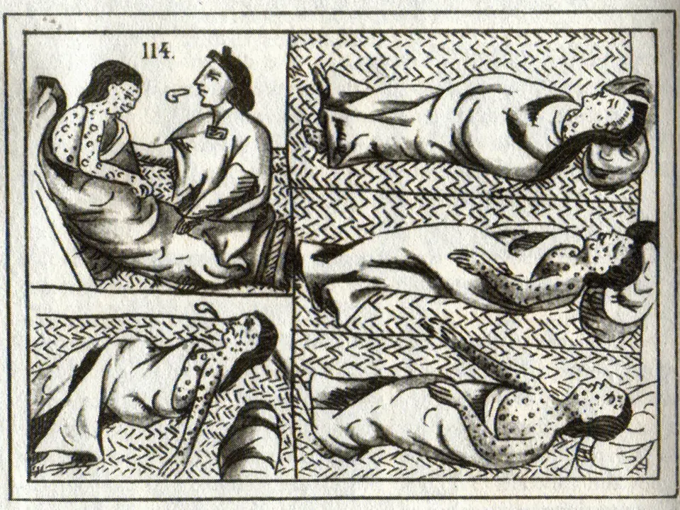 Aztékové nakaženi neštovicemi, 16. století.