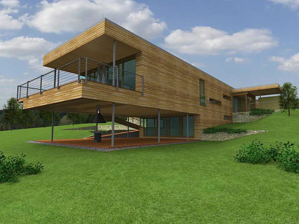 Ojedinělý projektem dřevěné reprezentativní residenční vily v pasivním standardu, kterou navrhl Ing. arch. Josef Smola. Tento typ stavby vyžaduje svažitý pozemek.