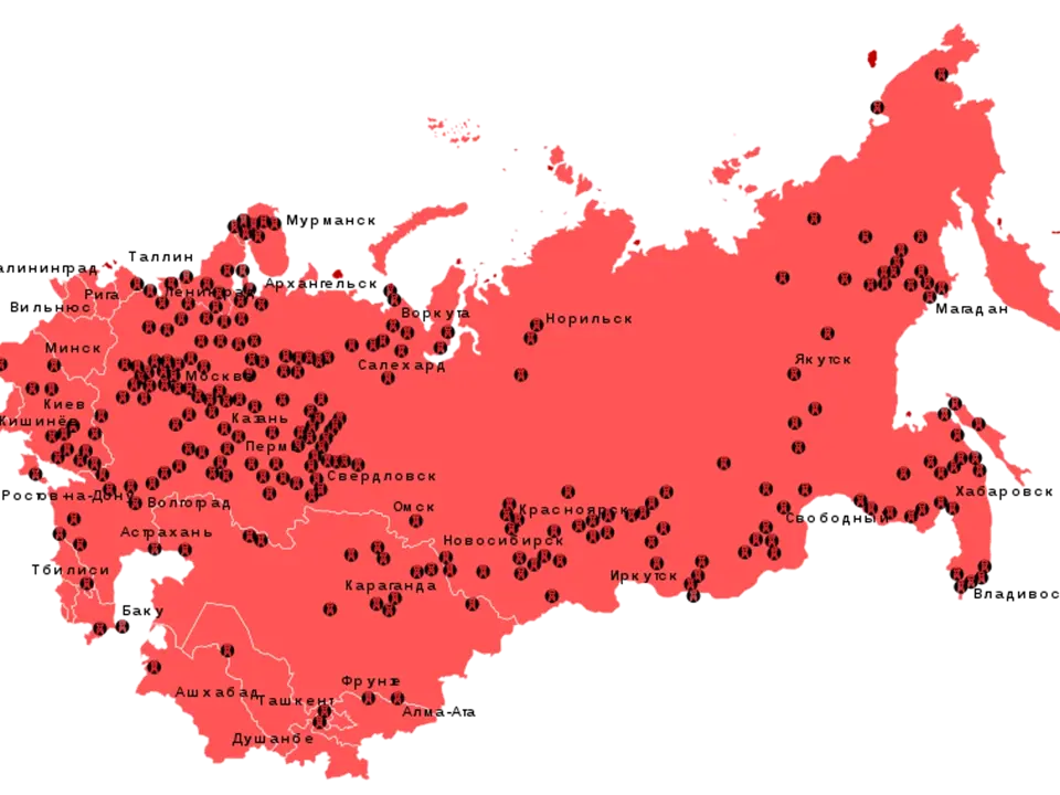 Mapa gulagů na území bývalého SSSR