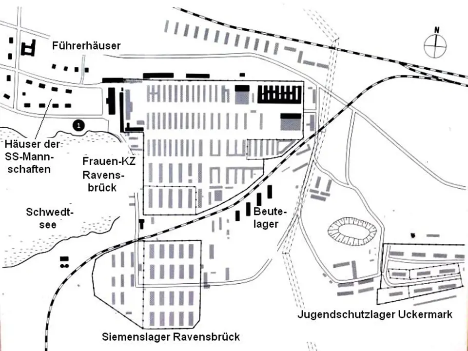 Koncentrační tábor Ravensbrück, mapa celého areálu. Ravensbrück byl místem lékařských experimentů.  Od září 1942 do prosince 1943 tam byly prováděny ortopedické pokusy.