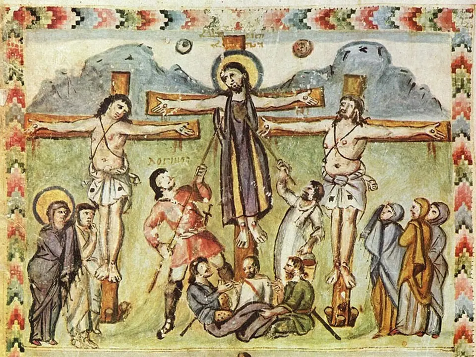 Vyobrazení Ježíšova ukřižování z r. 586