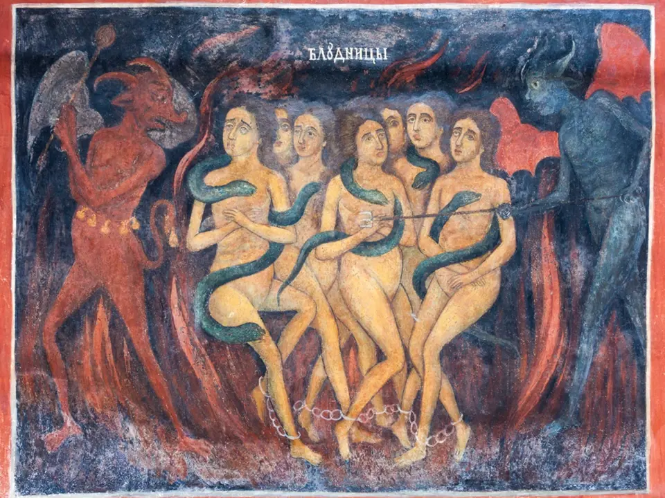 Cizoložnice podle církve končily v pekle (na obrázku výjev z fresky v klášteře v bulharské Rile)