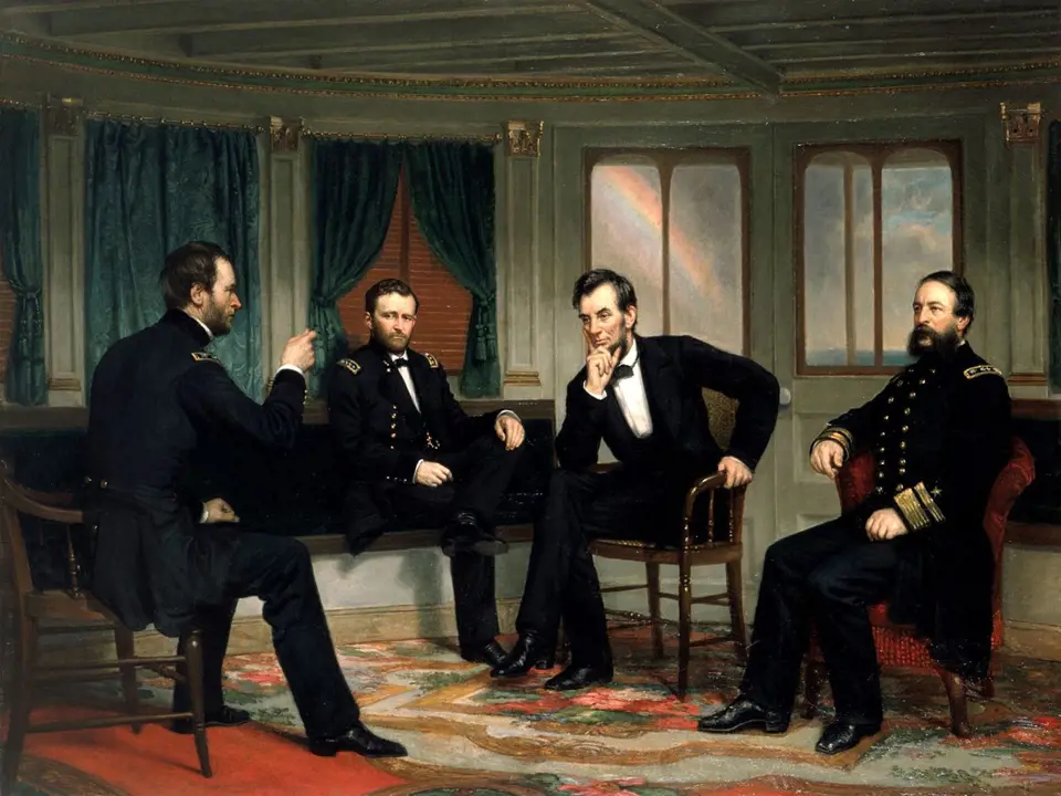 Americký prezident Abraham Lincoln na obraze nazvaném „Mírotvůrci“