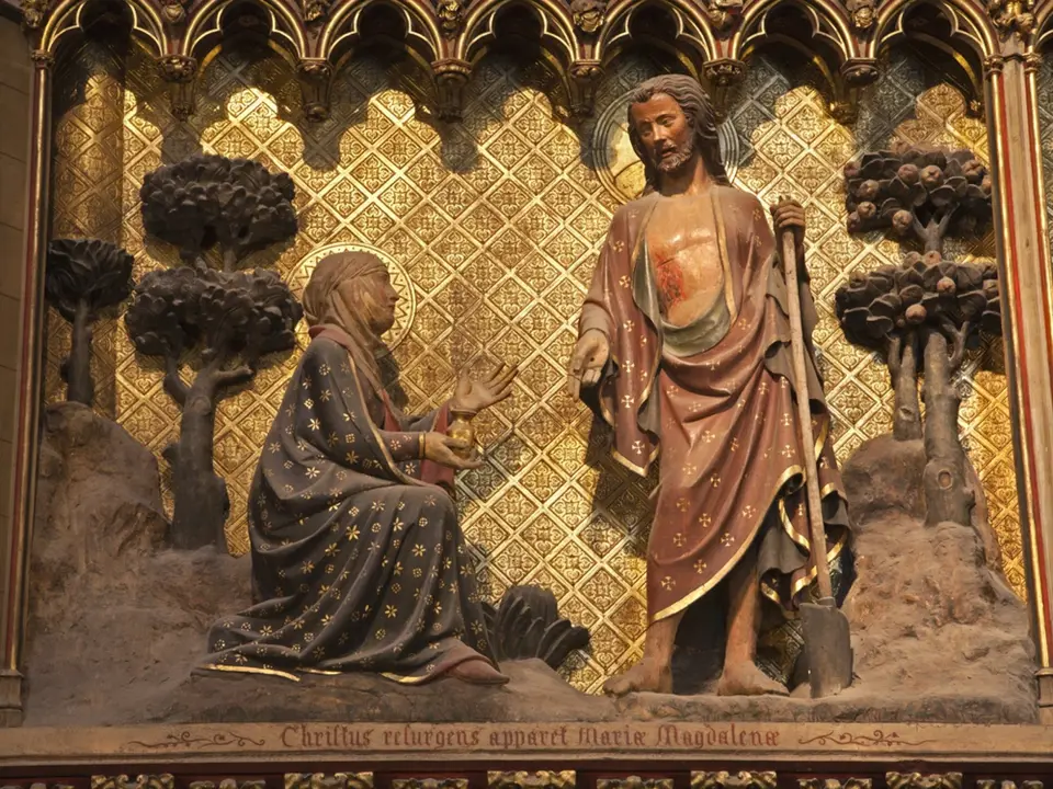 Ježíš a Máří Magdaléna na reliéfu v pařížské katedrále Notre-Dame