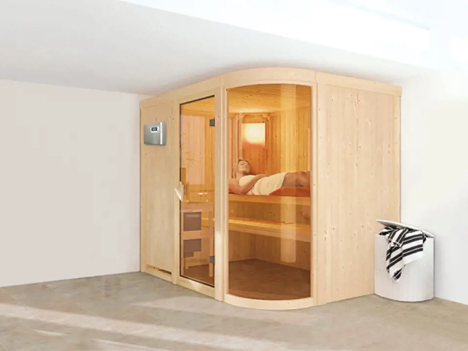 Model finské sauny Parima s proskleným nárožím z bezpečnostního skla. Foto / Mountfield 
