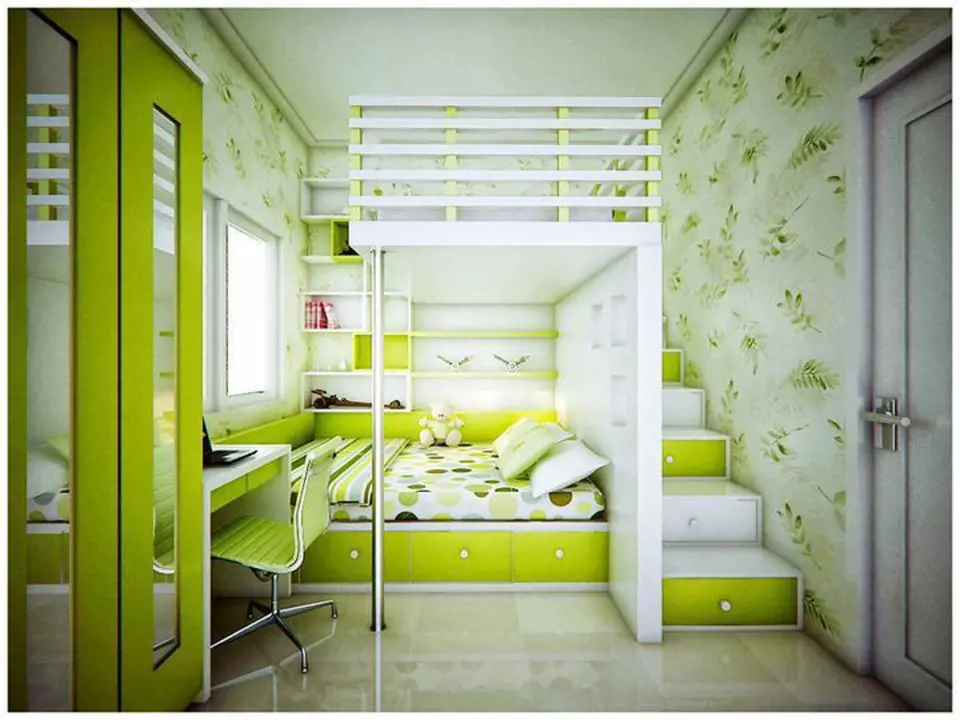 Úložné prostory pod postelí a pod schůdky, skvělé využití vysokého stropu a barevné provedení opticky zvětšující místnost.