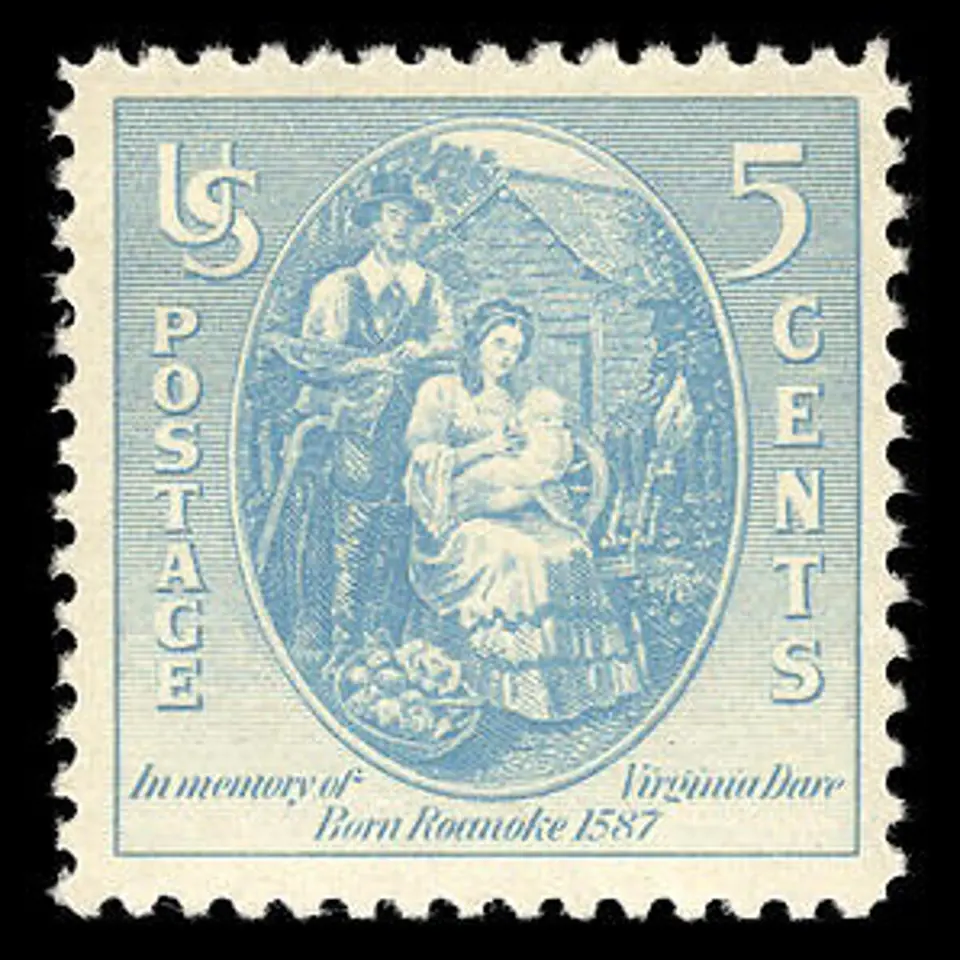 Americká známka z roku 1937: Virginia Dare, 1. anglické dítě narozené v americké kolonii
