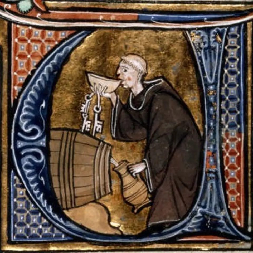 Mnich ochutnává víno - francouzský rukopis ze 13. století
