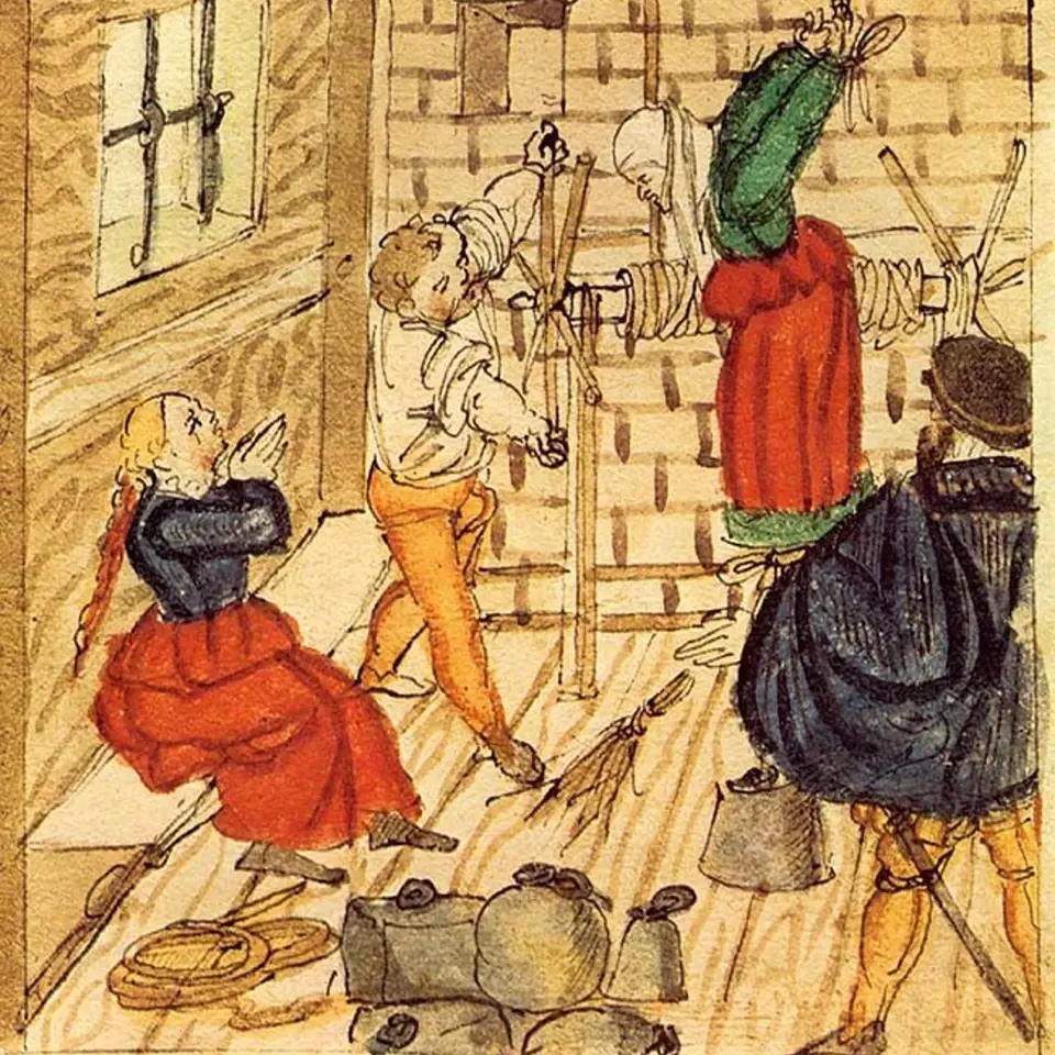 Mučení ženy obviněné z čarodějnictví (1577)