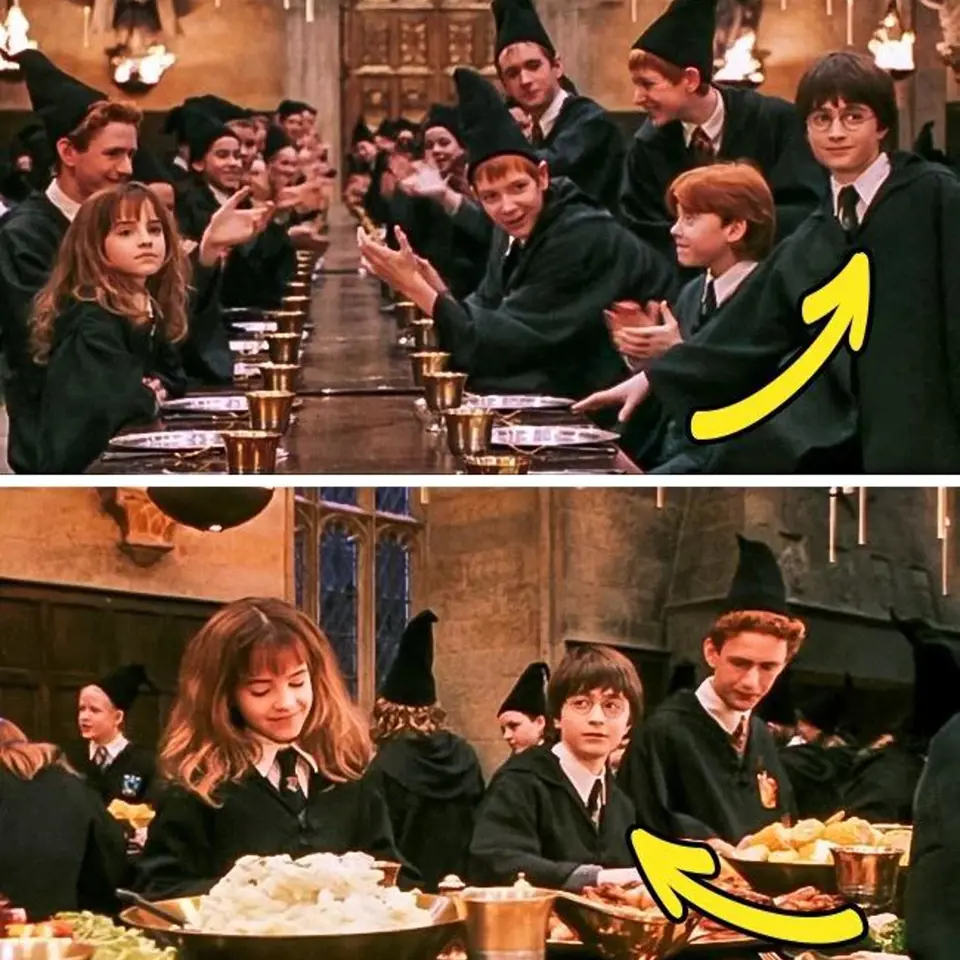 Harry Potter: Harry si v jednom záběru sedá na své místo u stolu, v dalším už sedí někde jinde.