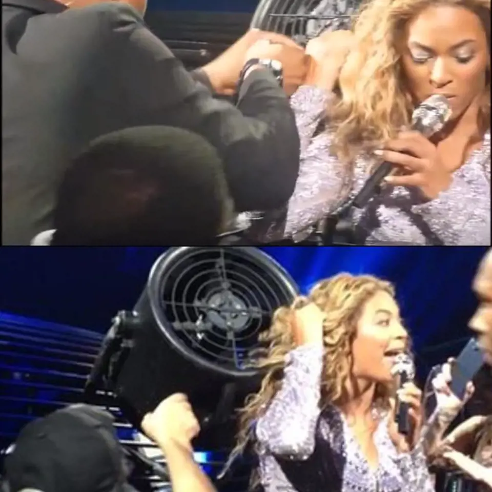 Beyoncé se při koncertu chytily vlasy do větráku