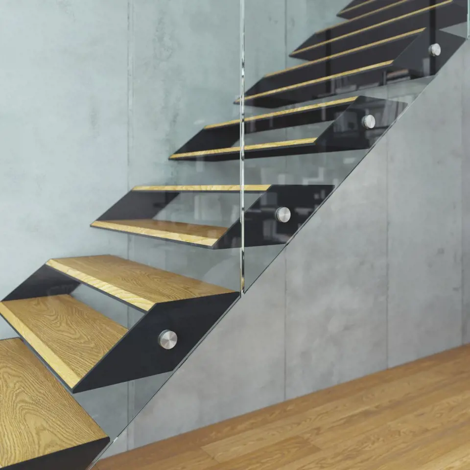 Třmenové schodiště BOX s celoskleněným zábradlím