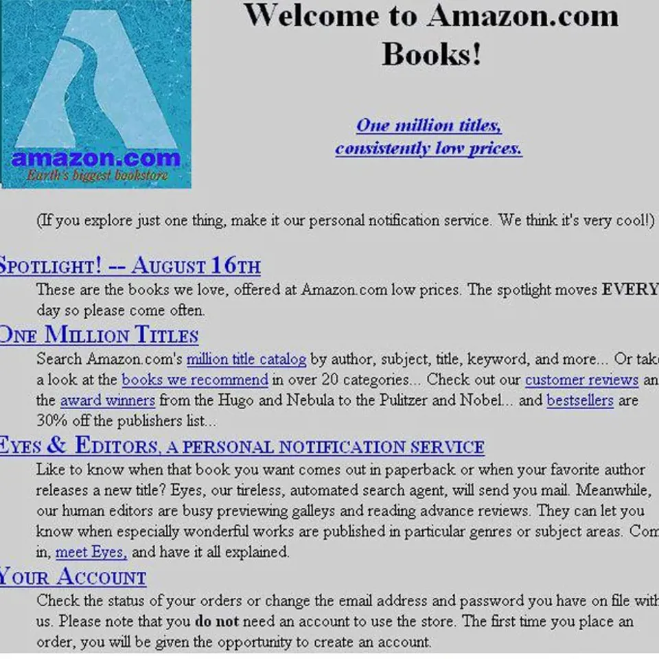 Takhle vypadal Amazon, když v počátcích sloužil jako online knihkupectví (1994)