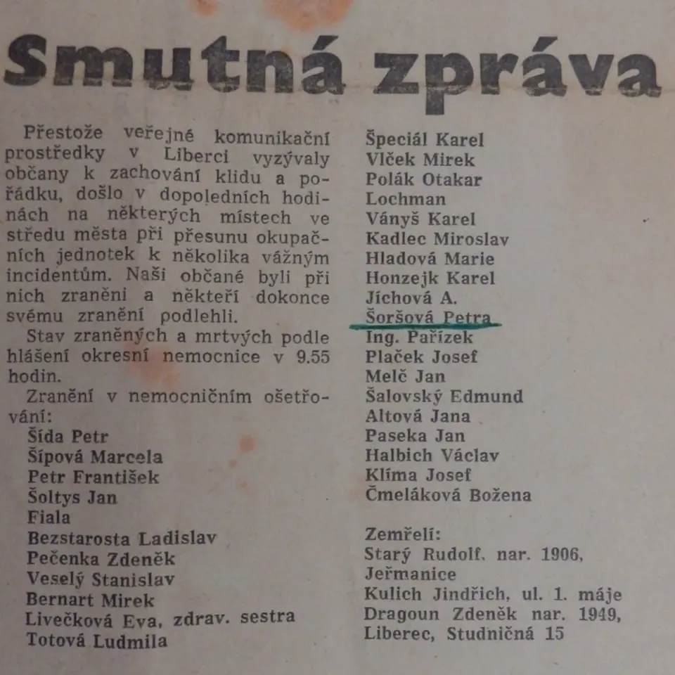 Seznam raněných a zemřelých v dopoledních hodinách 21. 8. 1968 v Liberci (dopolední vydání deníku Vpřed z 21. 8. 1968 v Liberci)